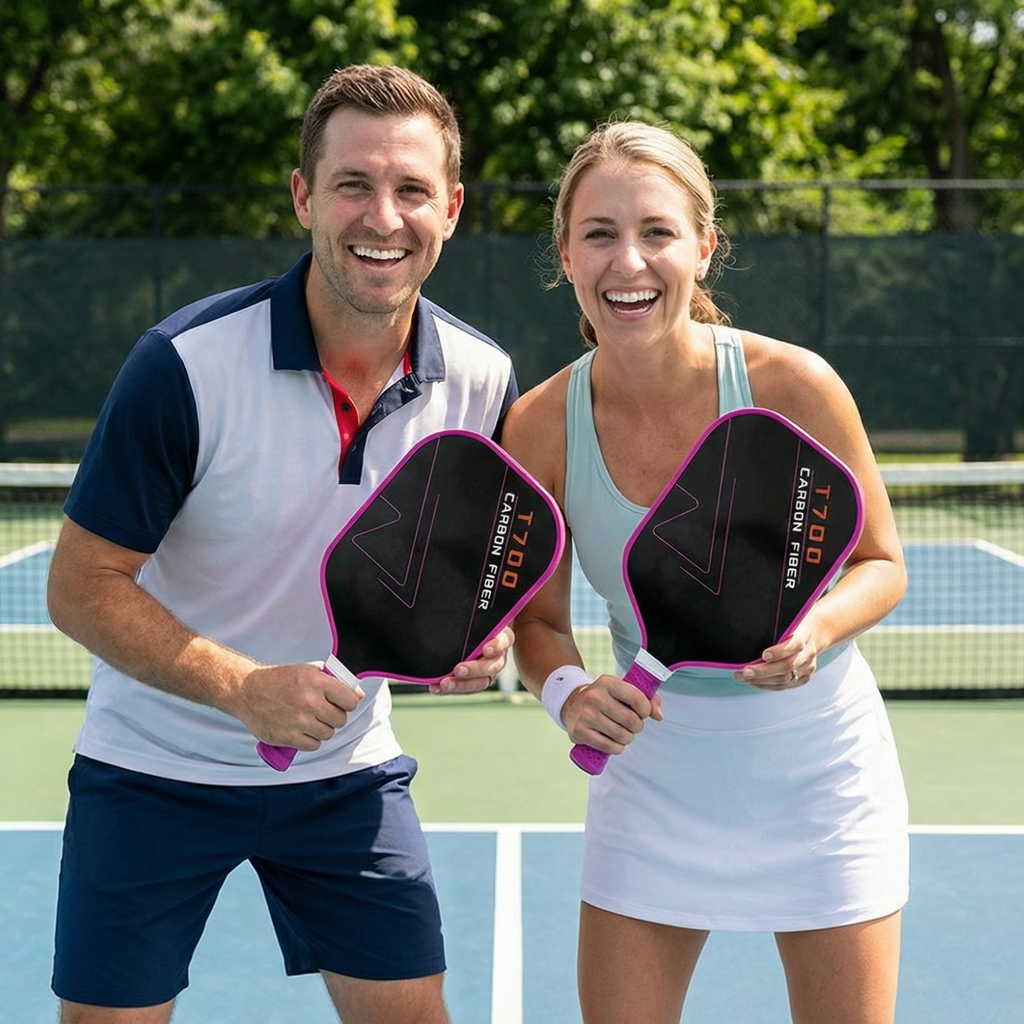 Two T700 Carbon Fiber Pickleball paddles: black faces with pink frames and perforated grips