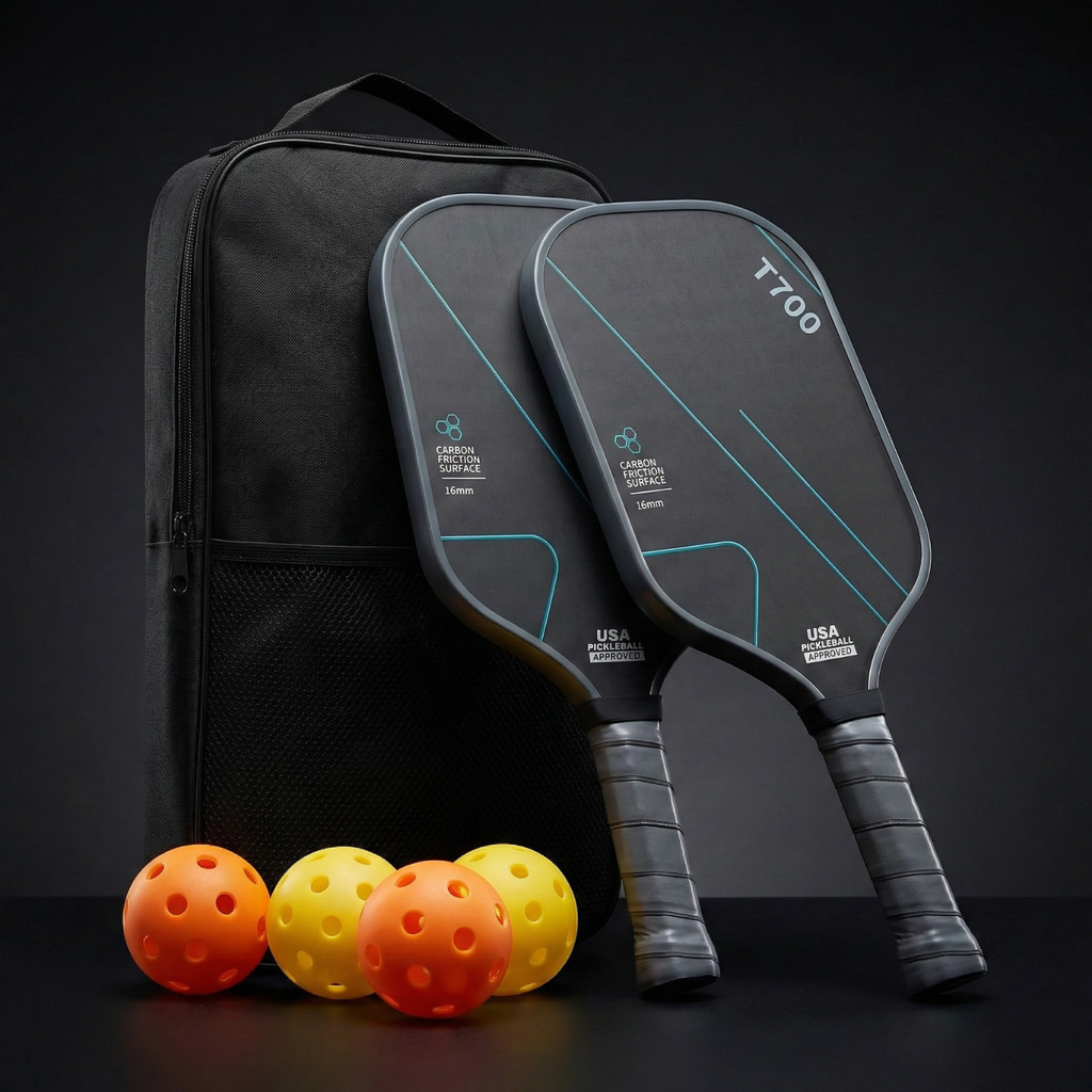Pickleball Paddle Set of 2, T700 Carbon Fiber 16mm USAPA Approved, Carbon Friction Surface with Carry Bag + 4 Outdoor Pickleballs