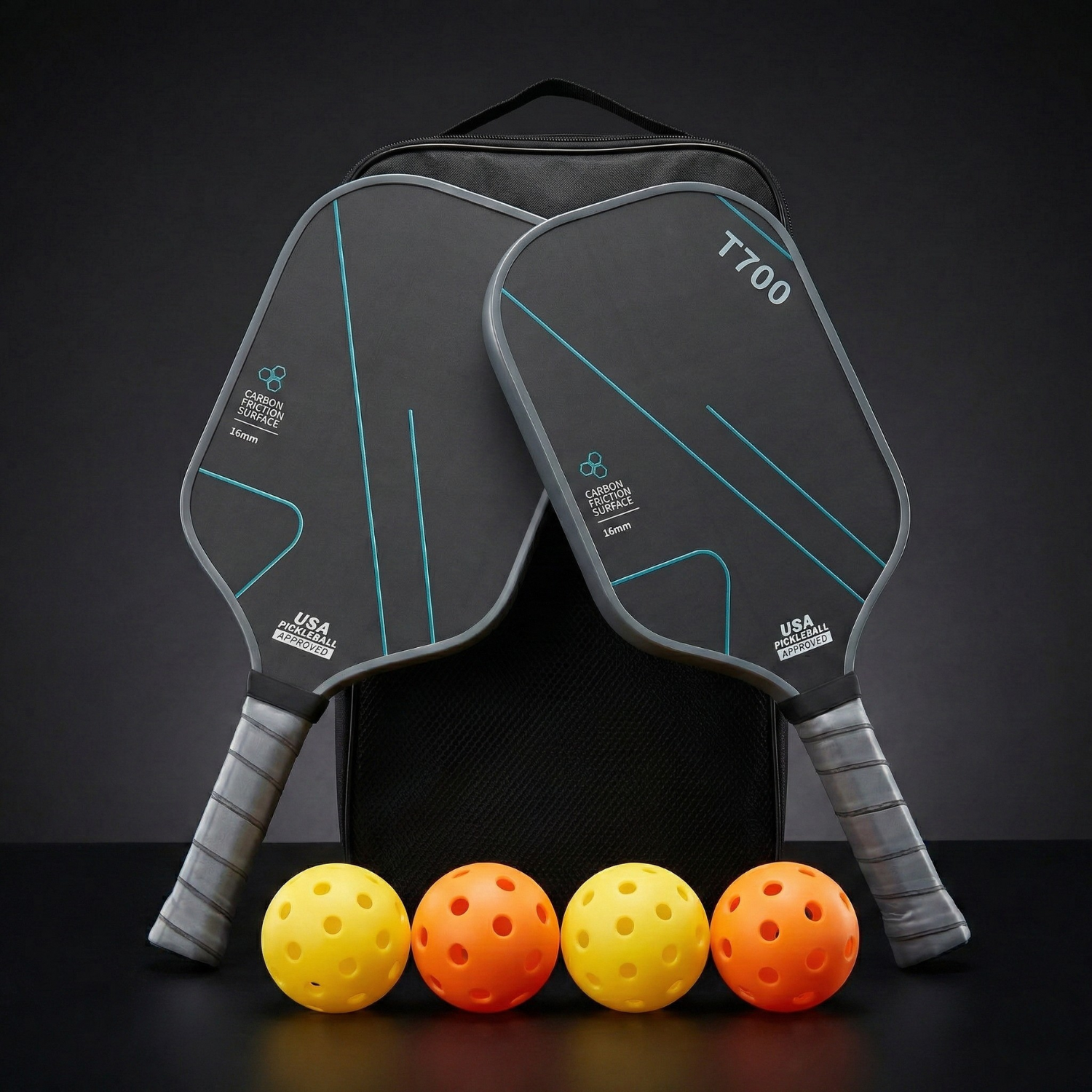Pickleball Paddle Set of 2, T700 Carbon Fiber 16mm USAPA Approved, Carbon Friction Surface with Carry Bag + 4 Outdoor Pickleballs