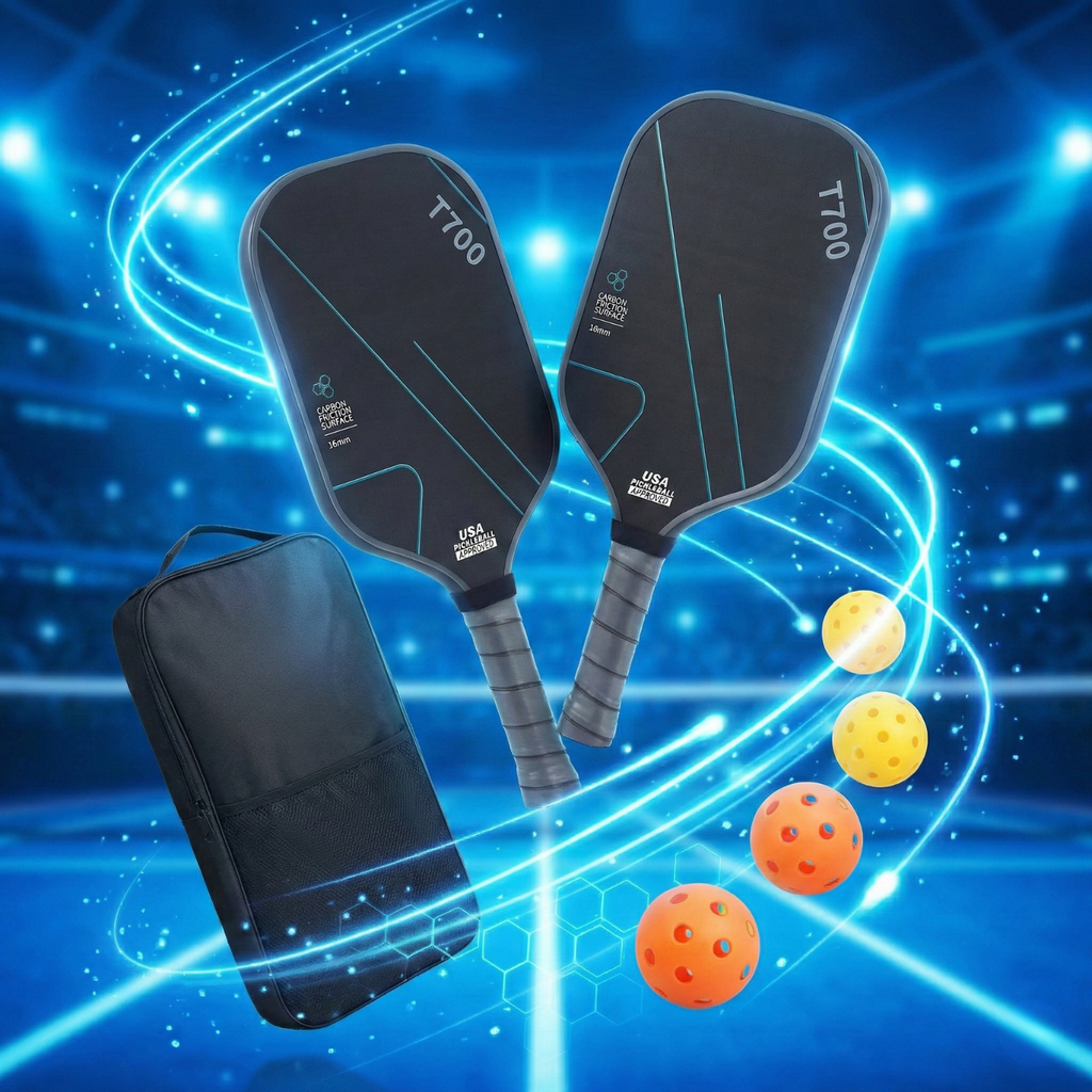 Pickleball Paddle Set of 2, T700 Carbon Fiber 16mm USAPA Approved, Carbon Friction Surface with Carry Bag + 4 Outdoor Pickleballs