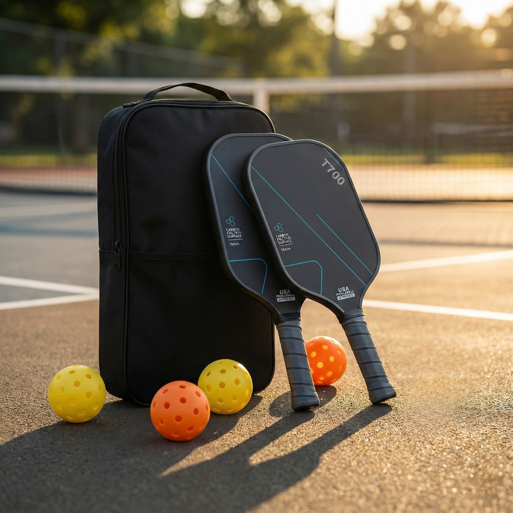 Pickleball Paddle Set of 2, T700 Carbon Fiber 16mm USAPA Approved, Carbon Friction Surface with Carry Bag + 4 Outdoor Pickleballs