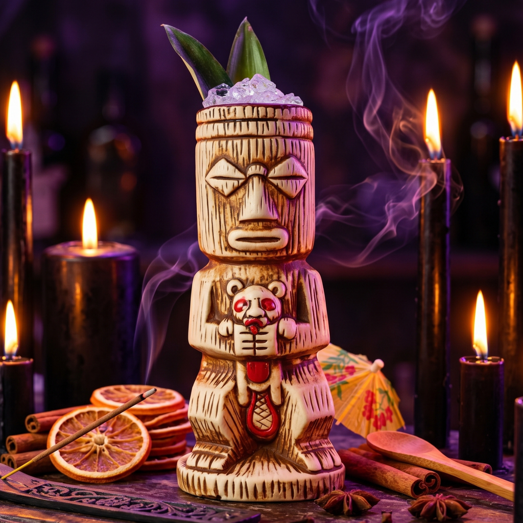 450ml tiki totem mug with tribal face design, bamboo-style ceramic cocktail cup