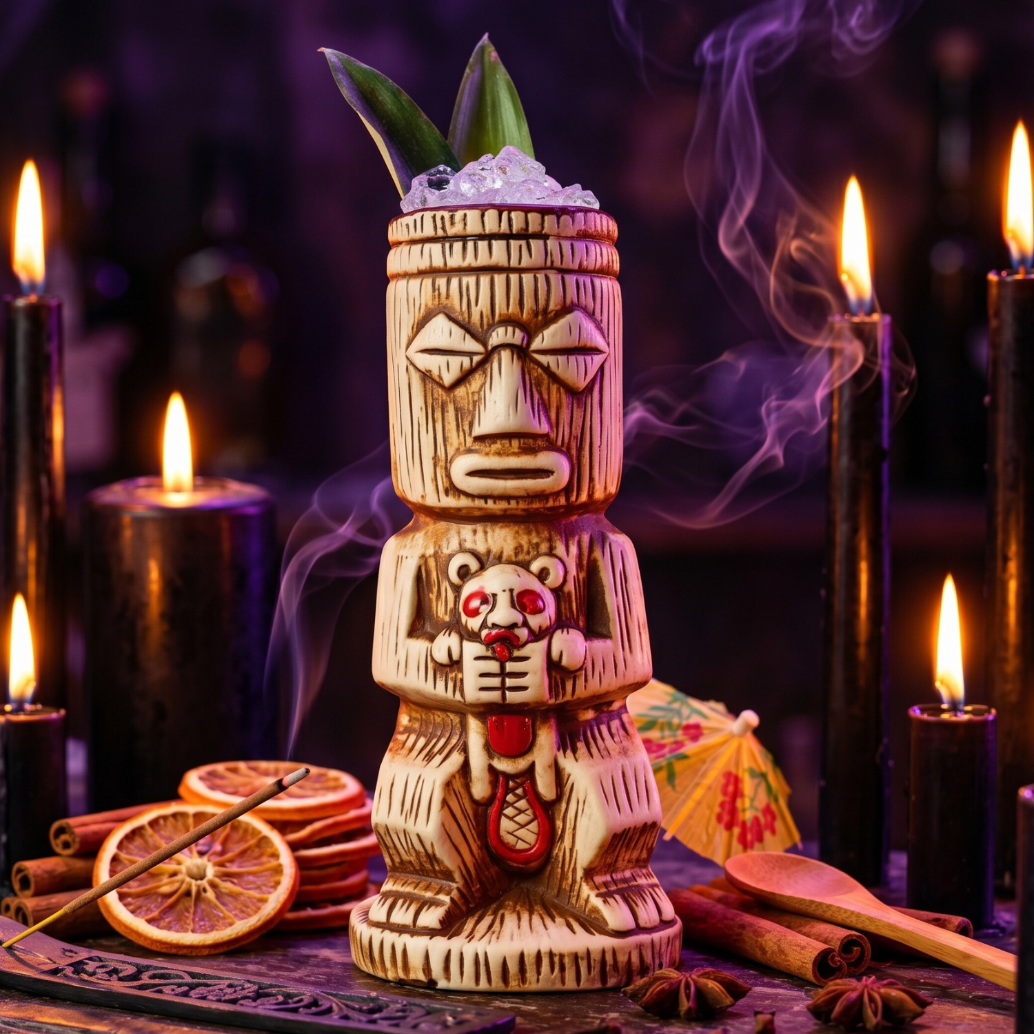 450ml tiki totem mug with tribal face design, bamboo-style ceramic cocktail cup