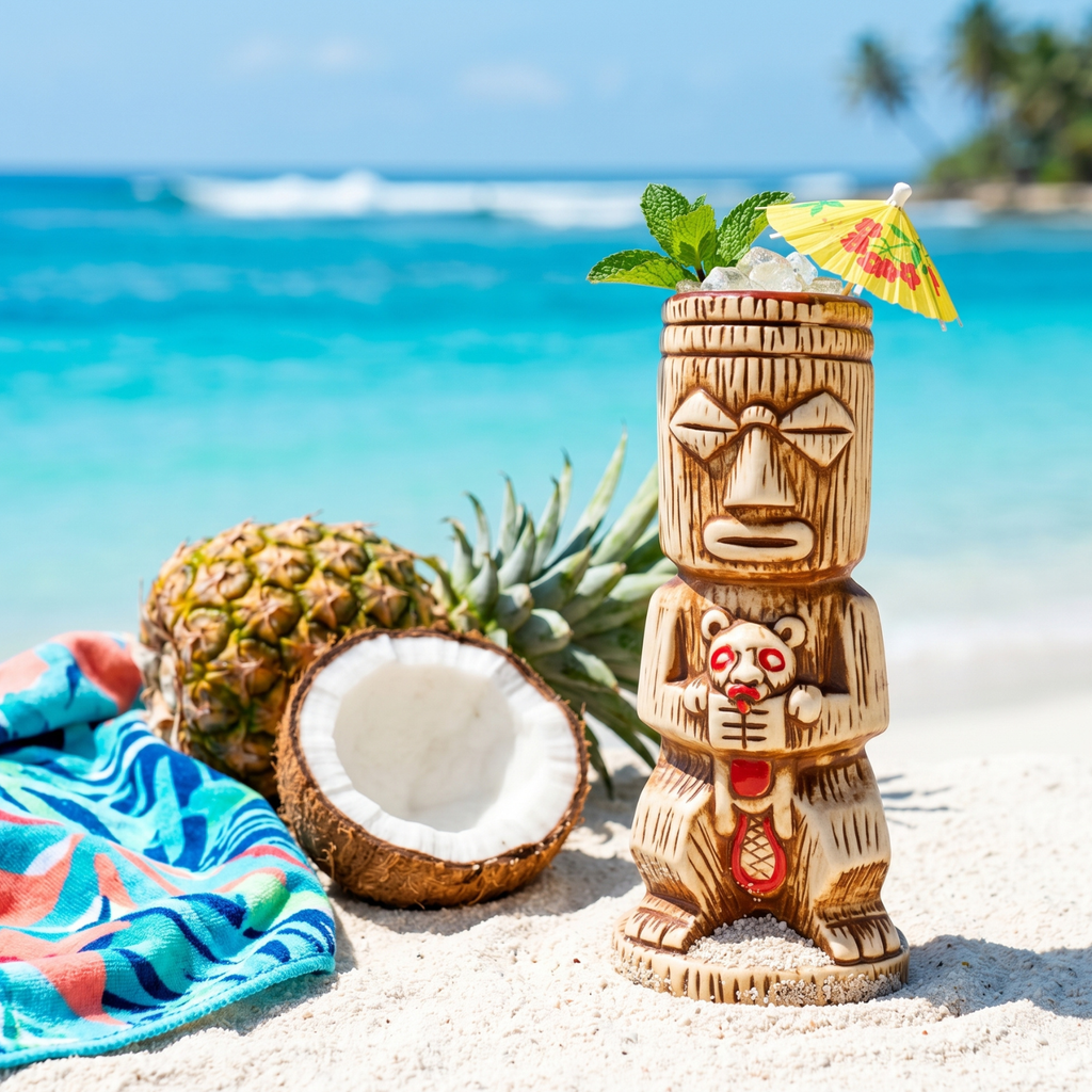 Ceramic tiki totem mug with tribal character, mint-green leaf garnish, mini umbrella