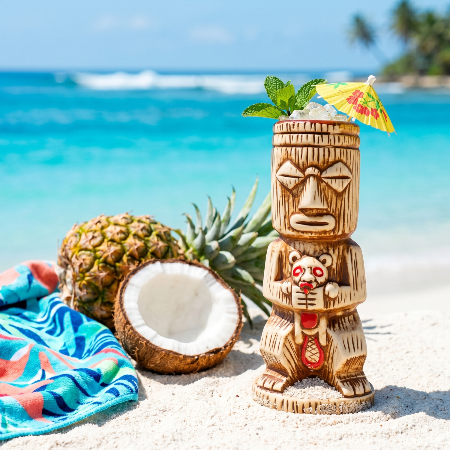 Ceramic tiki totem mug with tribal character, mint-green leaf garnish, mini umbrella