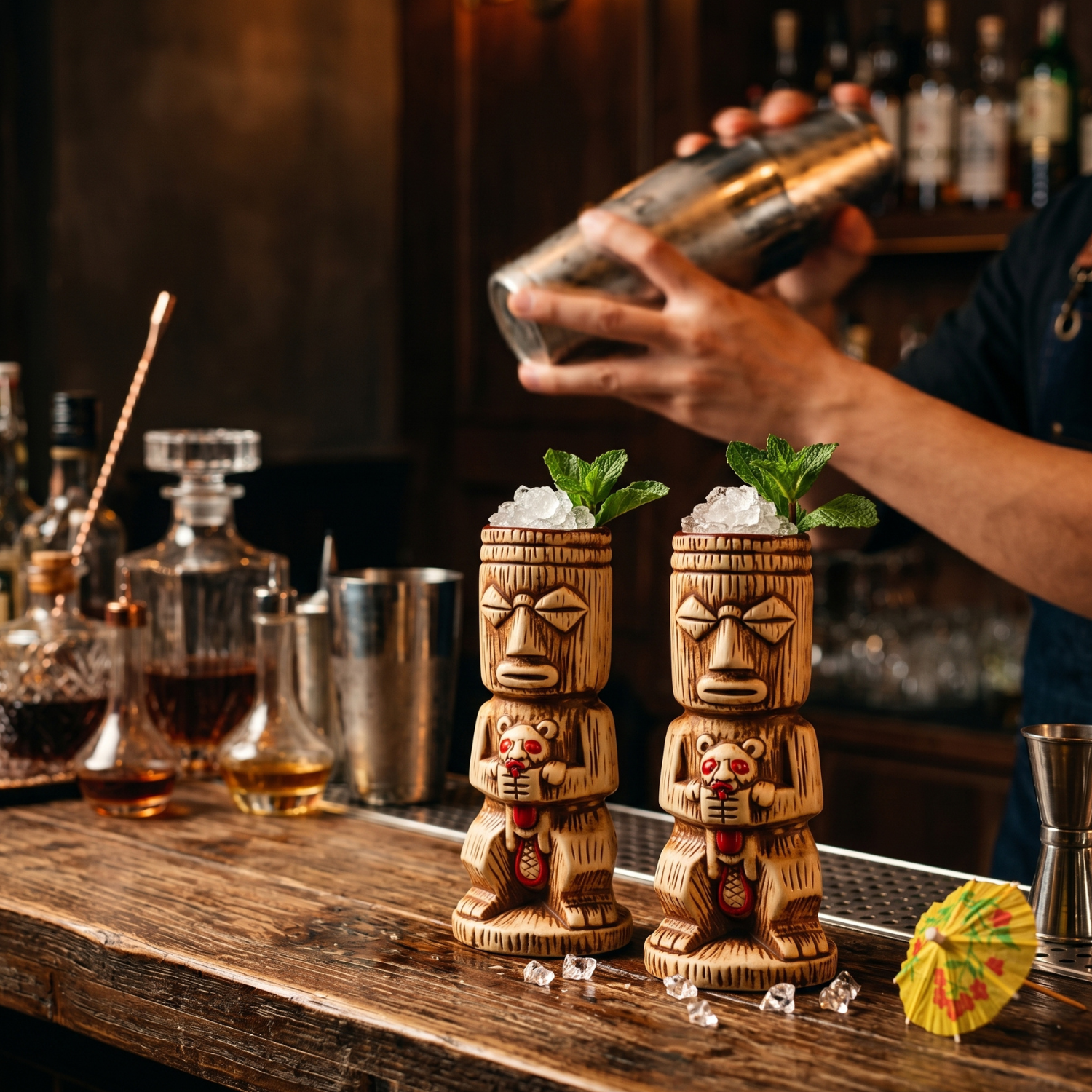 Two tall tiki totem mugs with tribal character artwork, crushed ice, 450ml ceramic