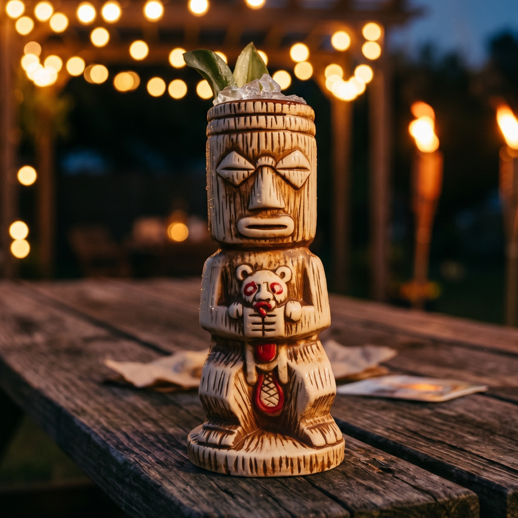 Tall tiki totem mug, tribal face and bear character, leaf garnish, ceramic cup
