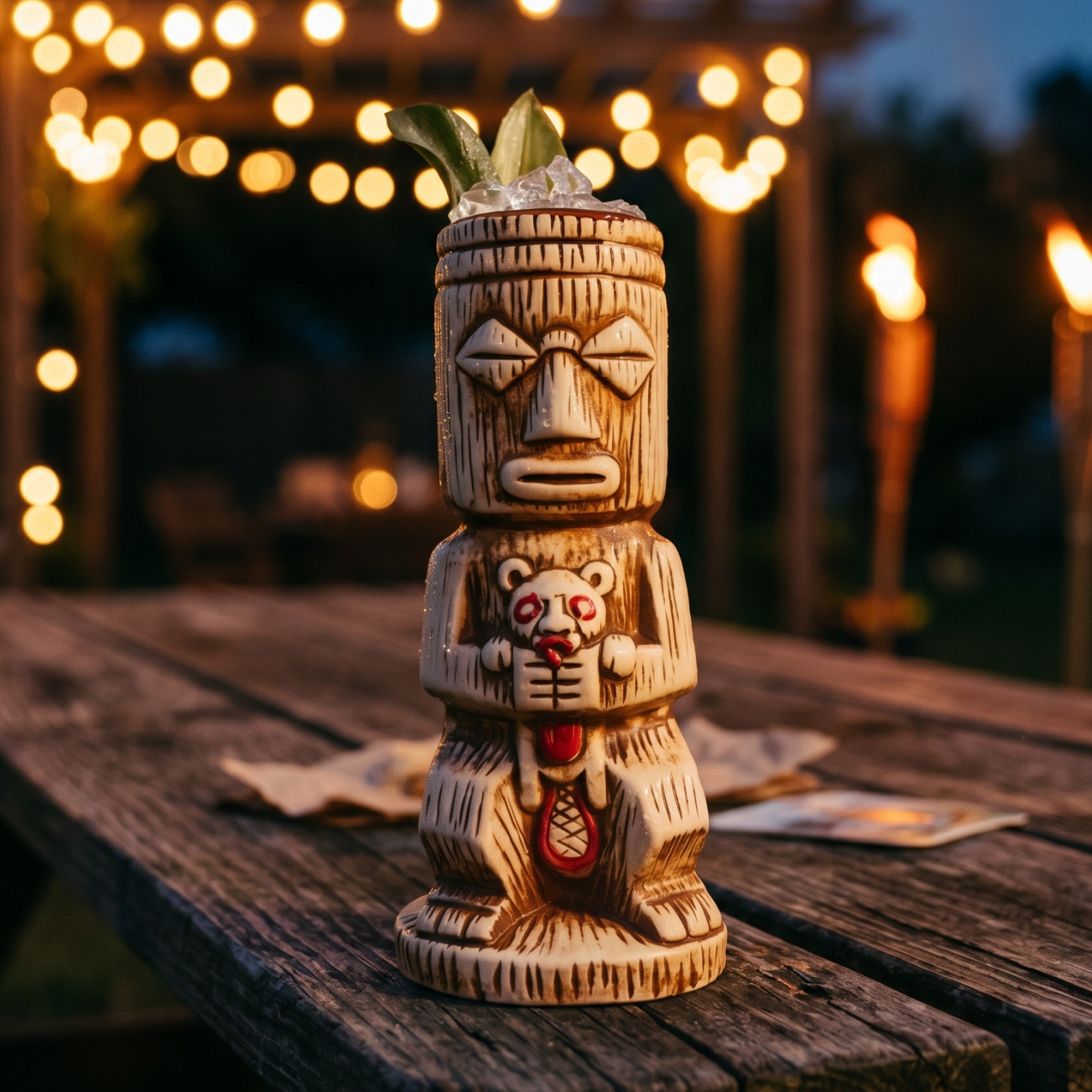 Tall tiki totem mug, tribal face and bear character, leaf garnish, ceramic cup