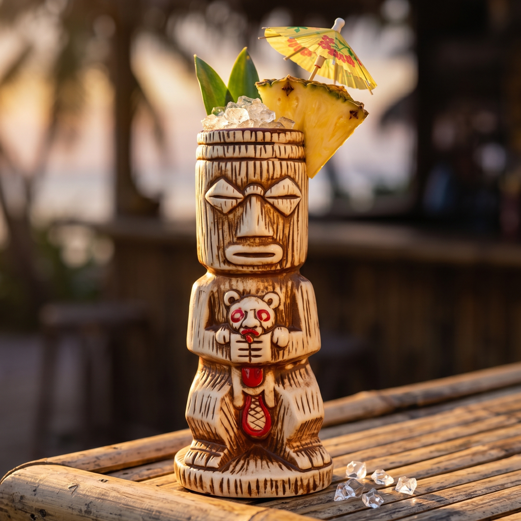 Tall ceramic tiki totem mug with tribal character, crushed ice, mini umbrella topper