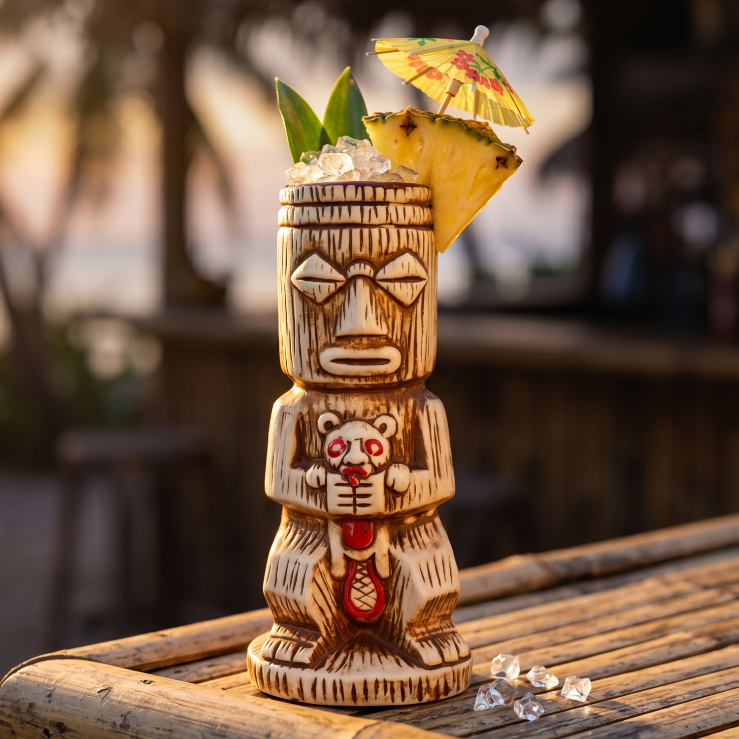 Tall ceramic tiki totem mug with tribal character, crushed ice, mini umbrella topper