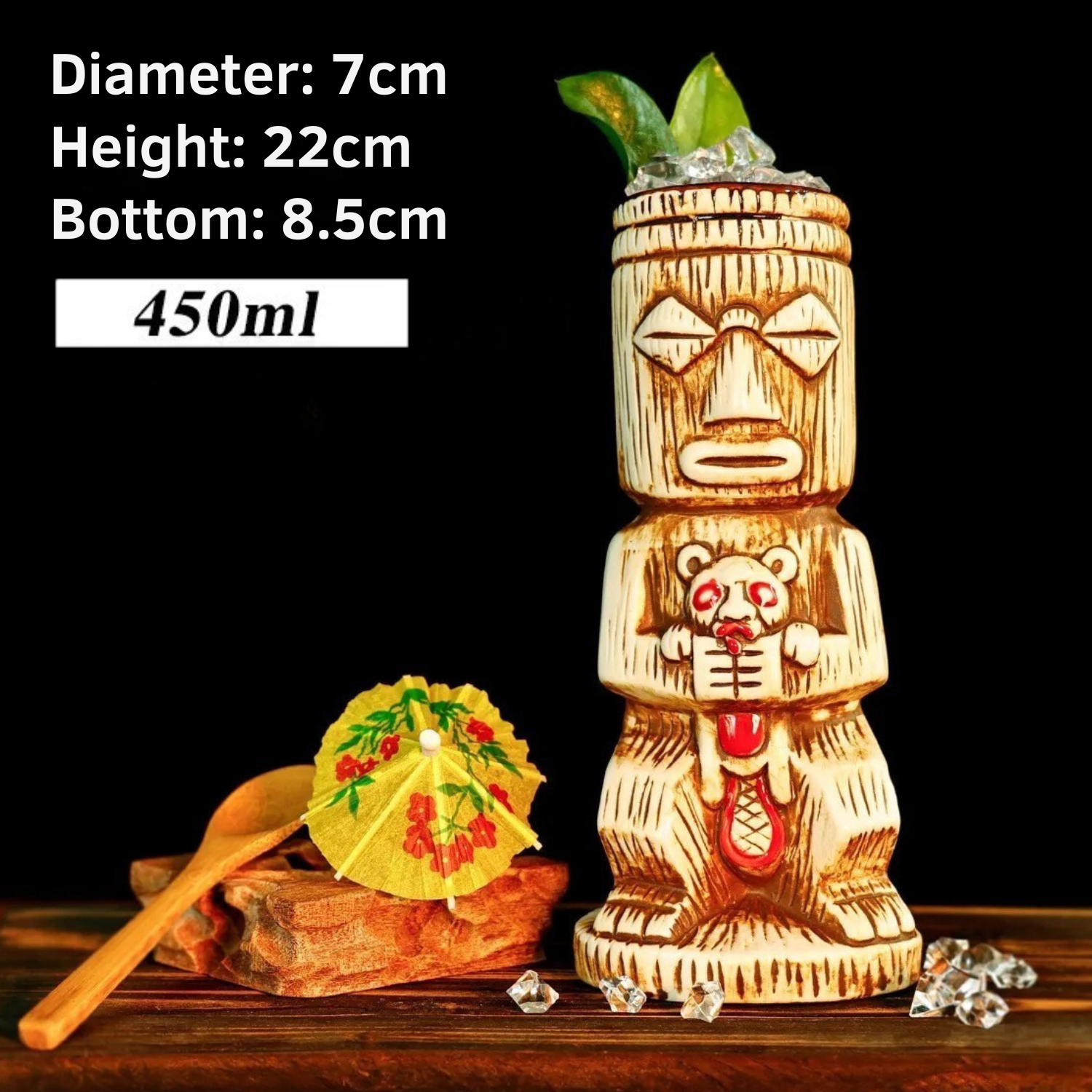 Sun Lake Supply tiki totem mug: 7cm diameter, 22cm height, 8.5cm base, 450ml