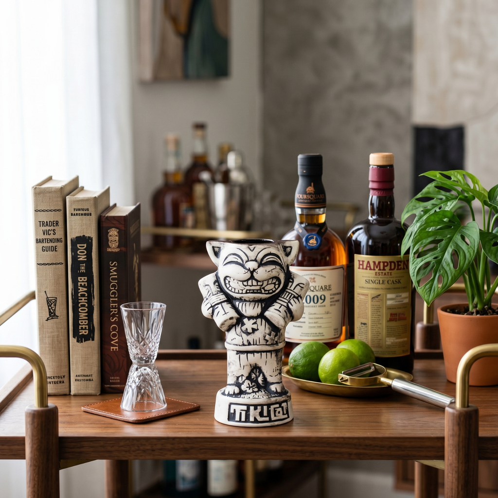 Tiki Cat ceramic cocktail mug with grinning face, 550 ml, black tiki accents
