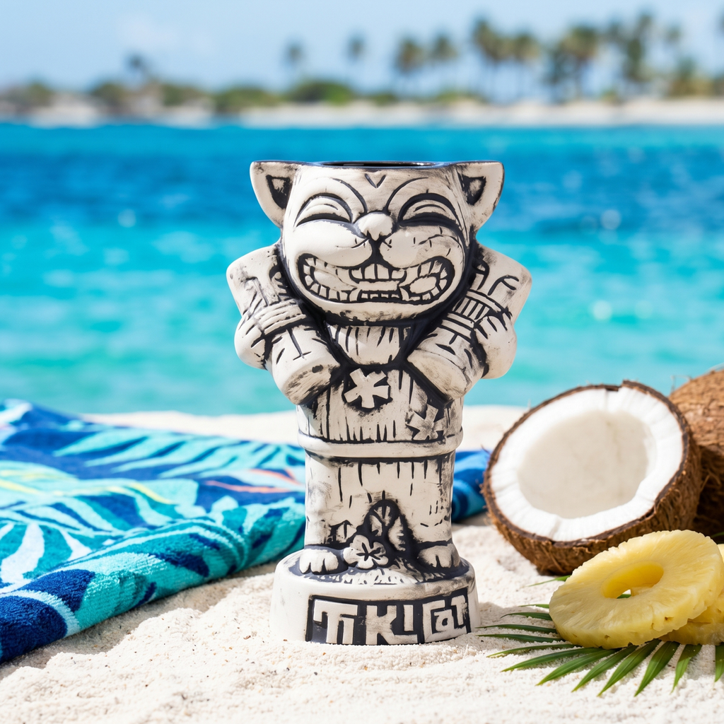 550ml Tiki Cat ceramic mug, grinning cat face with tiki etched details
