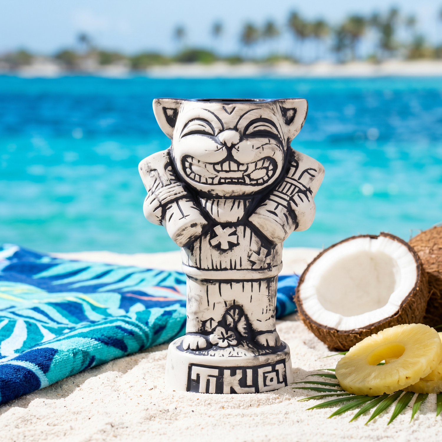 550ml Tiki Cat ceramic mug, grinning cat face with tiki etched details
