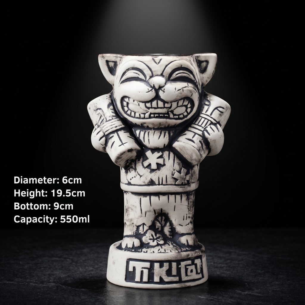 550ml Tiki Cat ceramic mug, height 19.5cm, grinning cat face, base TIKI print