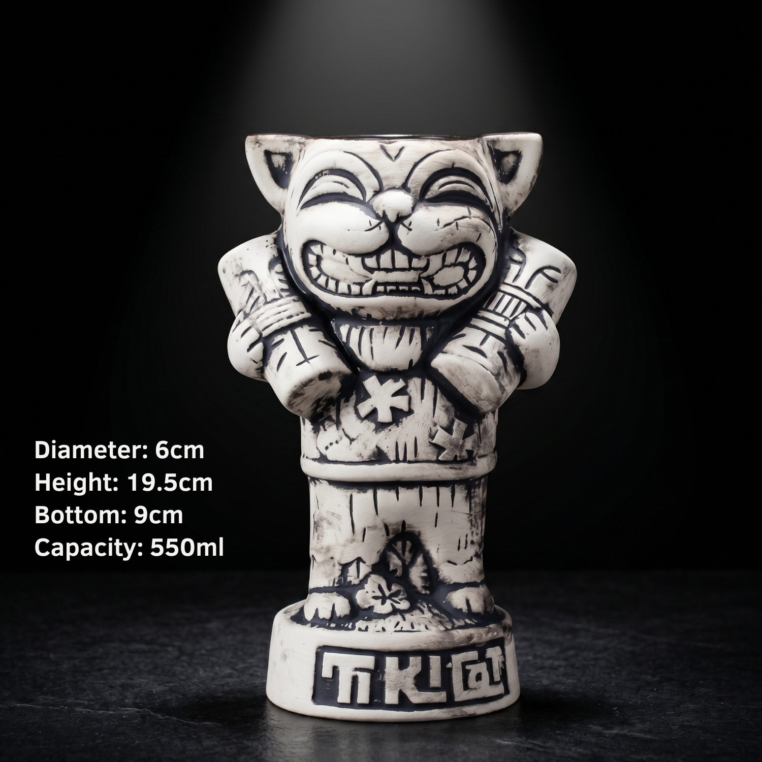 550ml Tiki Cat ceramic mug, height 19.5cm, grinning cat face, base TIKI print