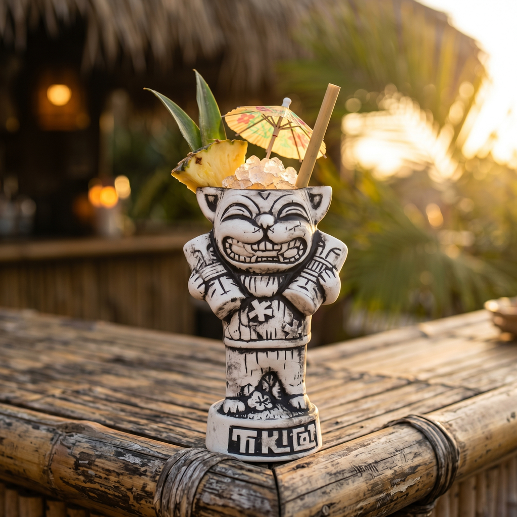 550ml Tiki Cat ceramic mug with grinning cat face and tiki straw drink