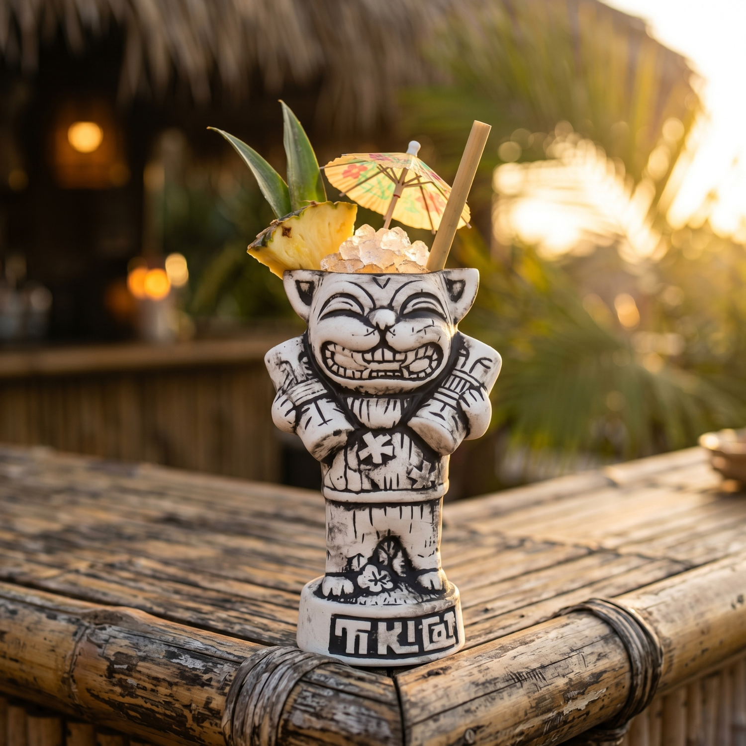 550ml Tiki Cat ceramic mug with grinning cat face and tiki straw drink