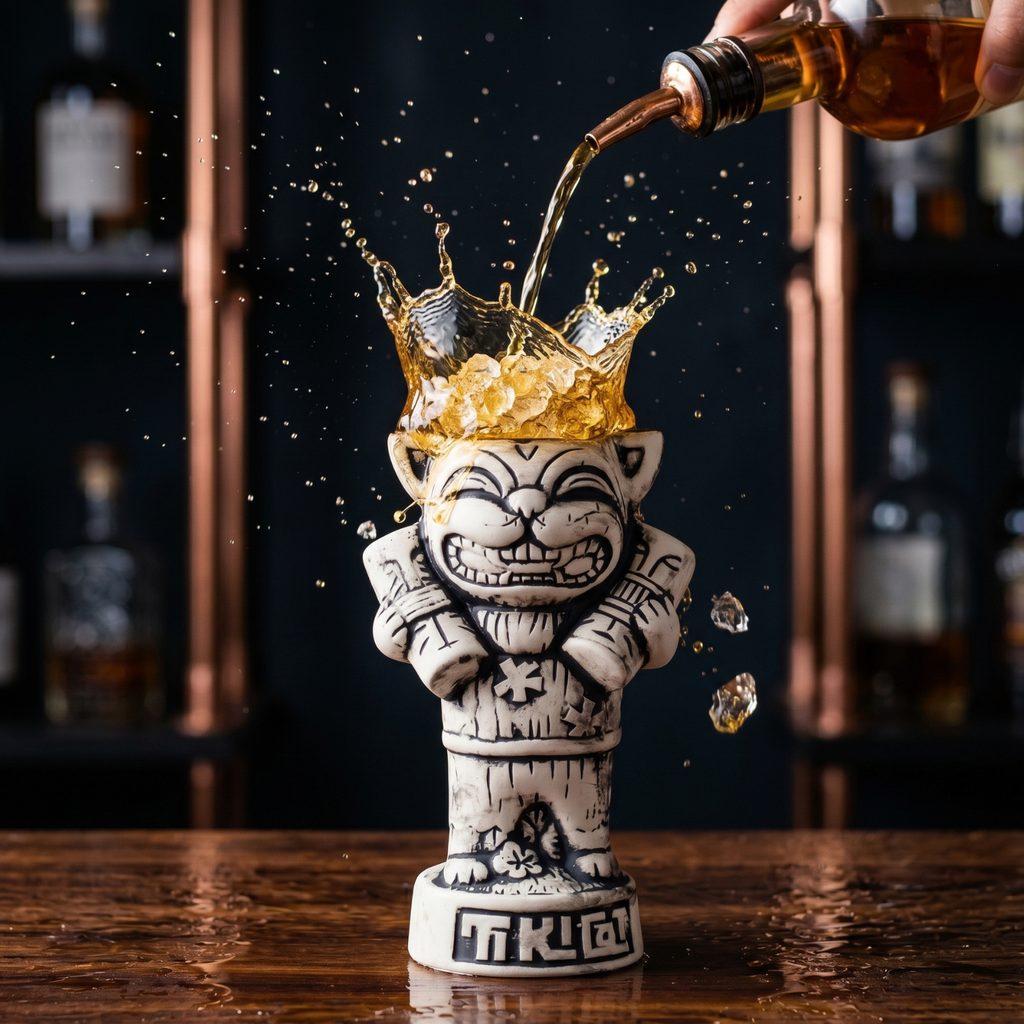 550ml Tiki Cat ceramic mug with grinning cat face, golden drink splash