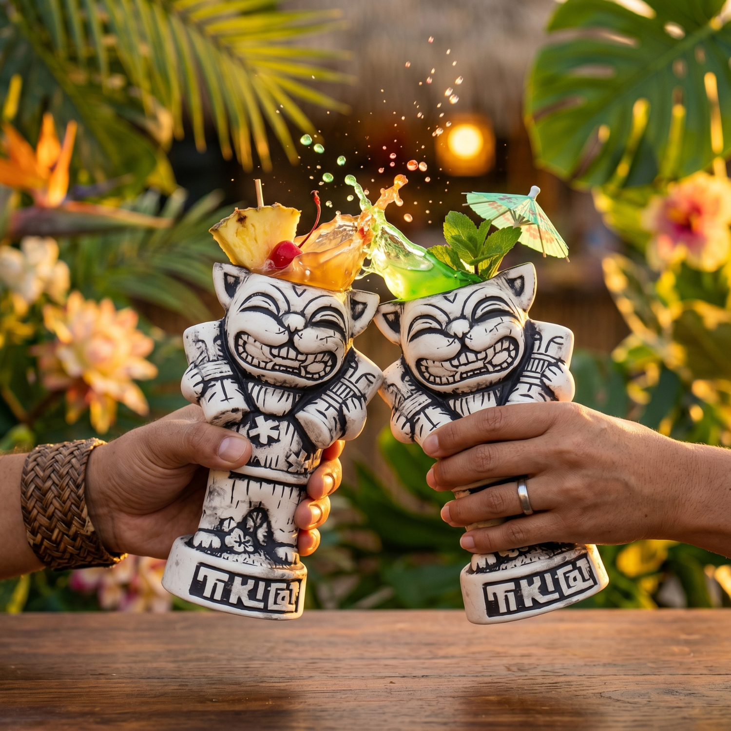 2ct set: two 550ml Tiki Cat ceramic mugs with grinning cat faces and straws