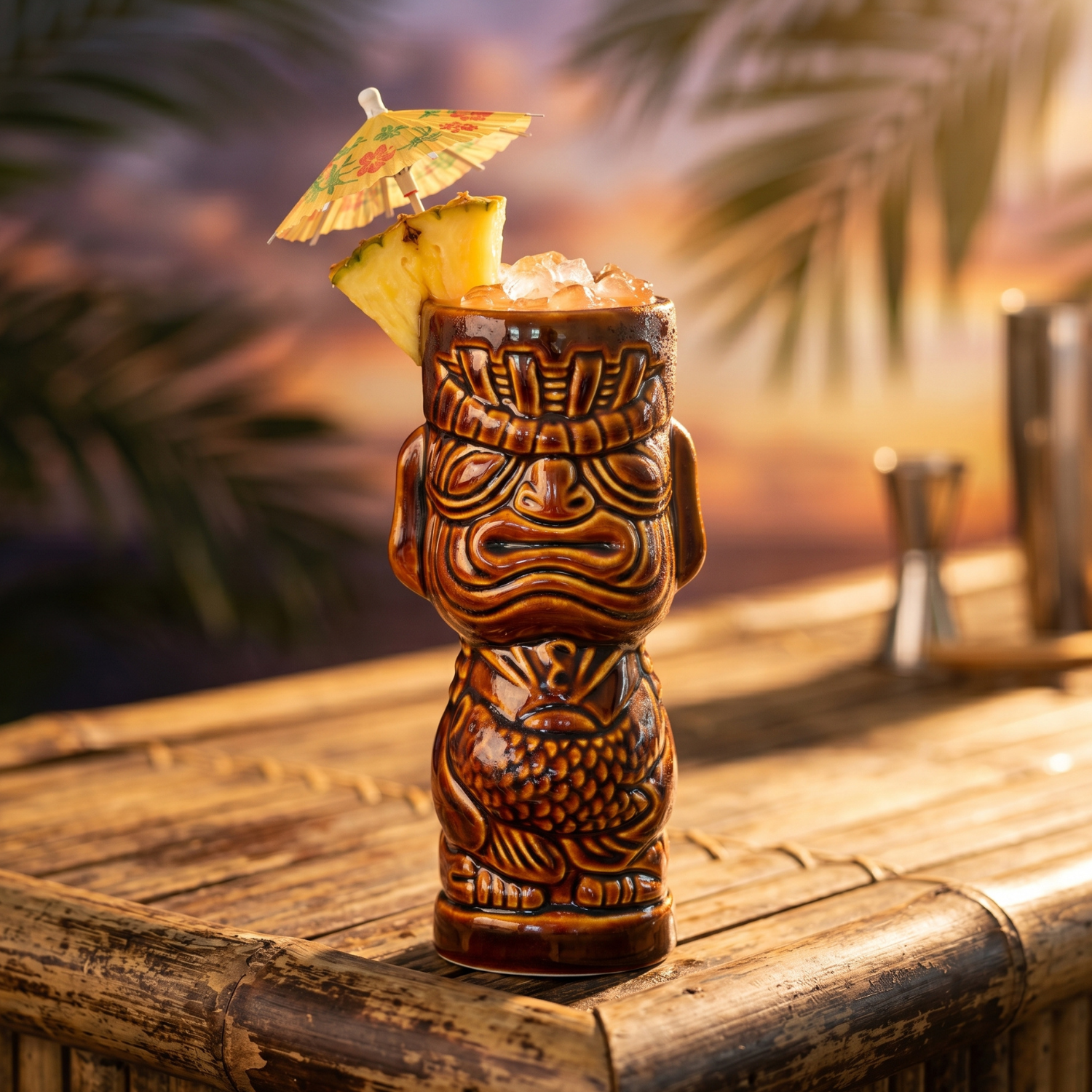 Tiki mug with a cocktail and pineapple garnish on a wooden surface with palm leaves in the background