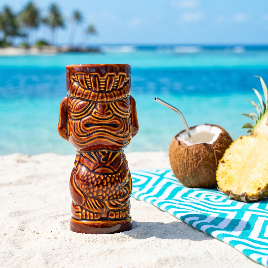 Tiki mug with coconut and pineapple on a beach