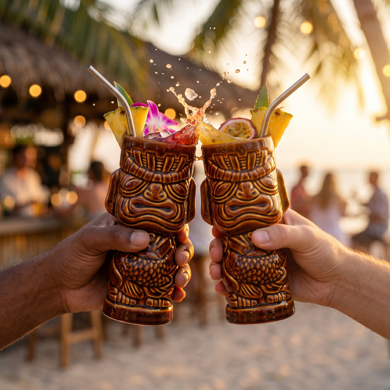 Two hands holding tiki-style cocktails with a beach setting in the background