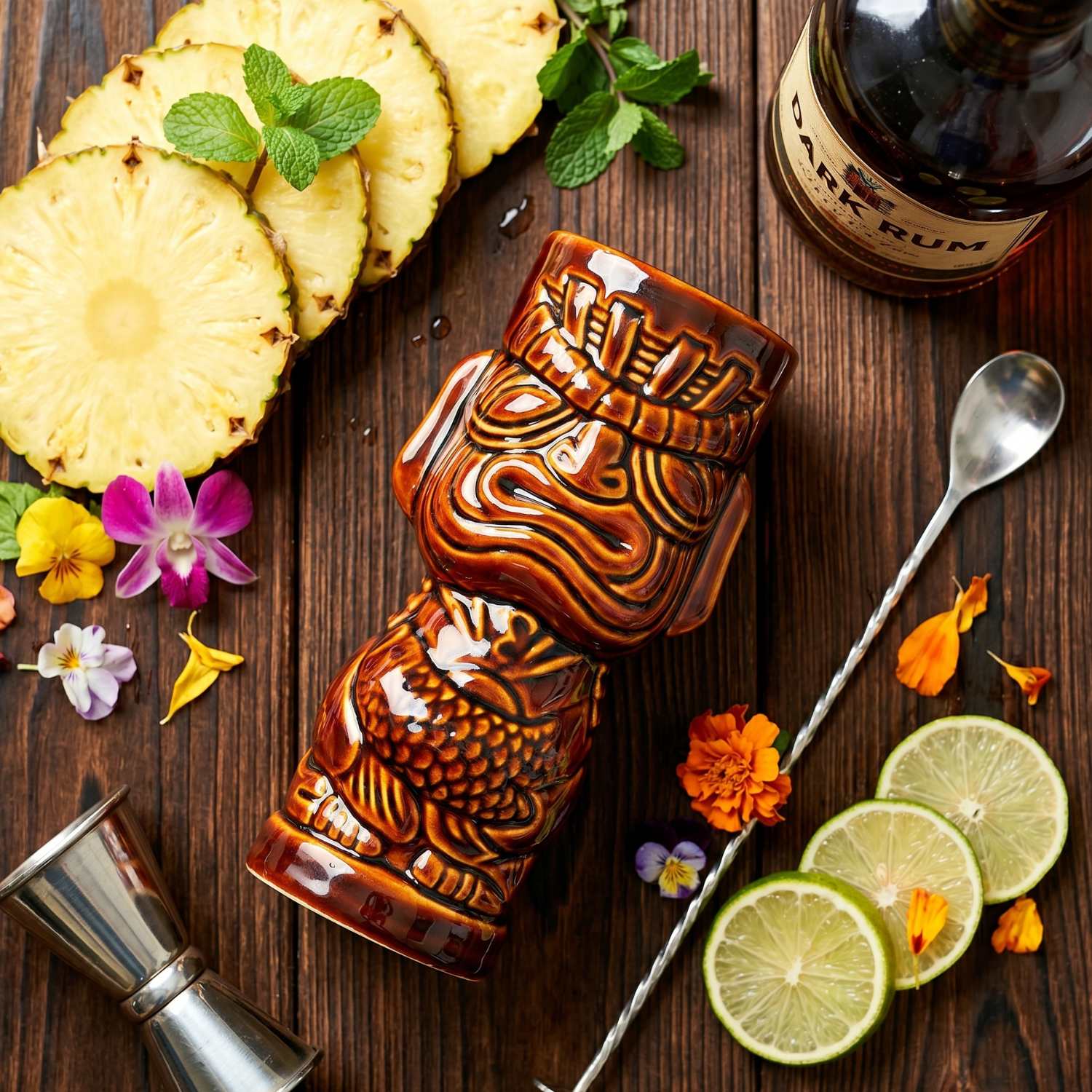 Tiki mug with rum bottle, pineapple slices, and lime on a wooden surface