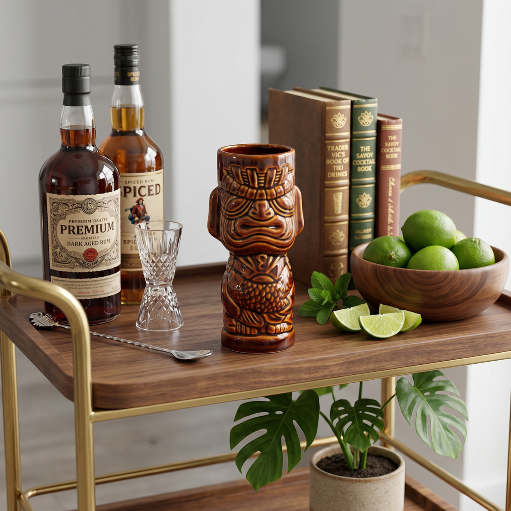 Bar cart with bottles, tiki mug, glasses, and limes on a wooden surface.