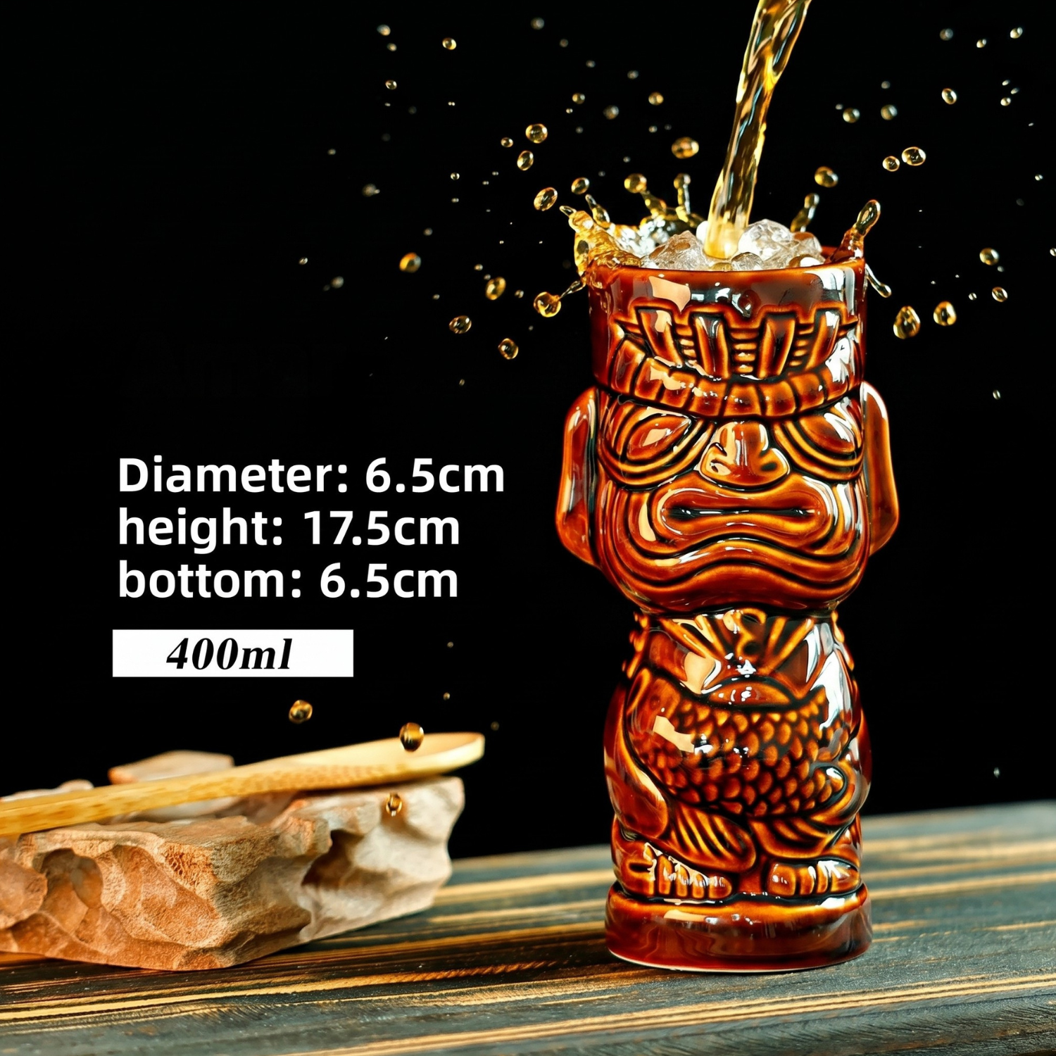 Tiki mug with liquid being poured into it, showing measurements and capacity on a dark background.