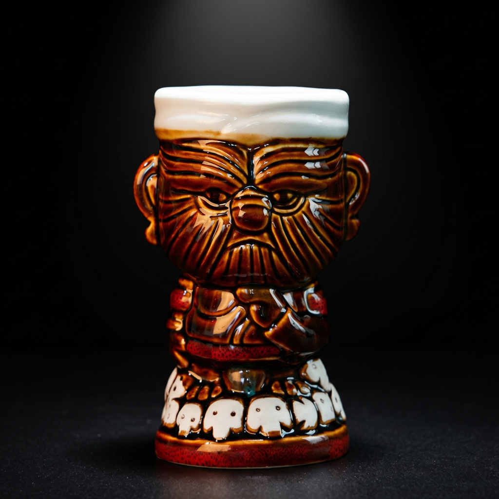 Close-up tiki warrior mug with detailed face, glossy glaze, and two side handles