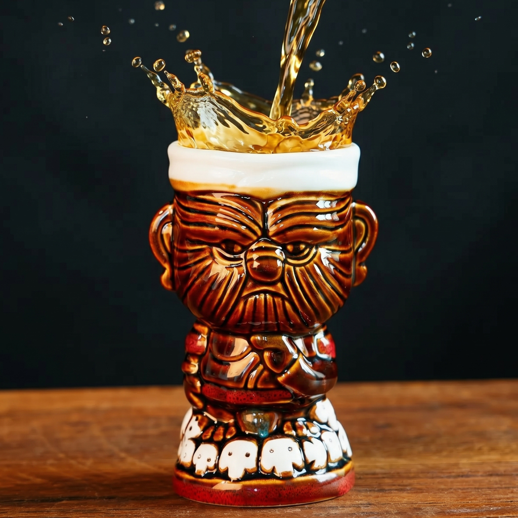 Tiki Warrior mug, 400ml ceramic cocktail cup with carved face and two side handles