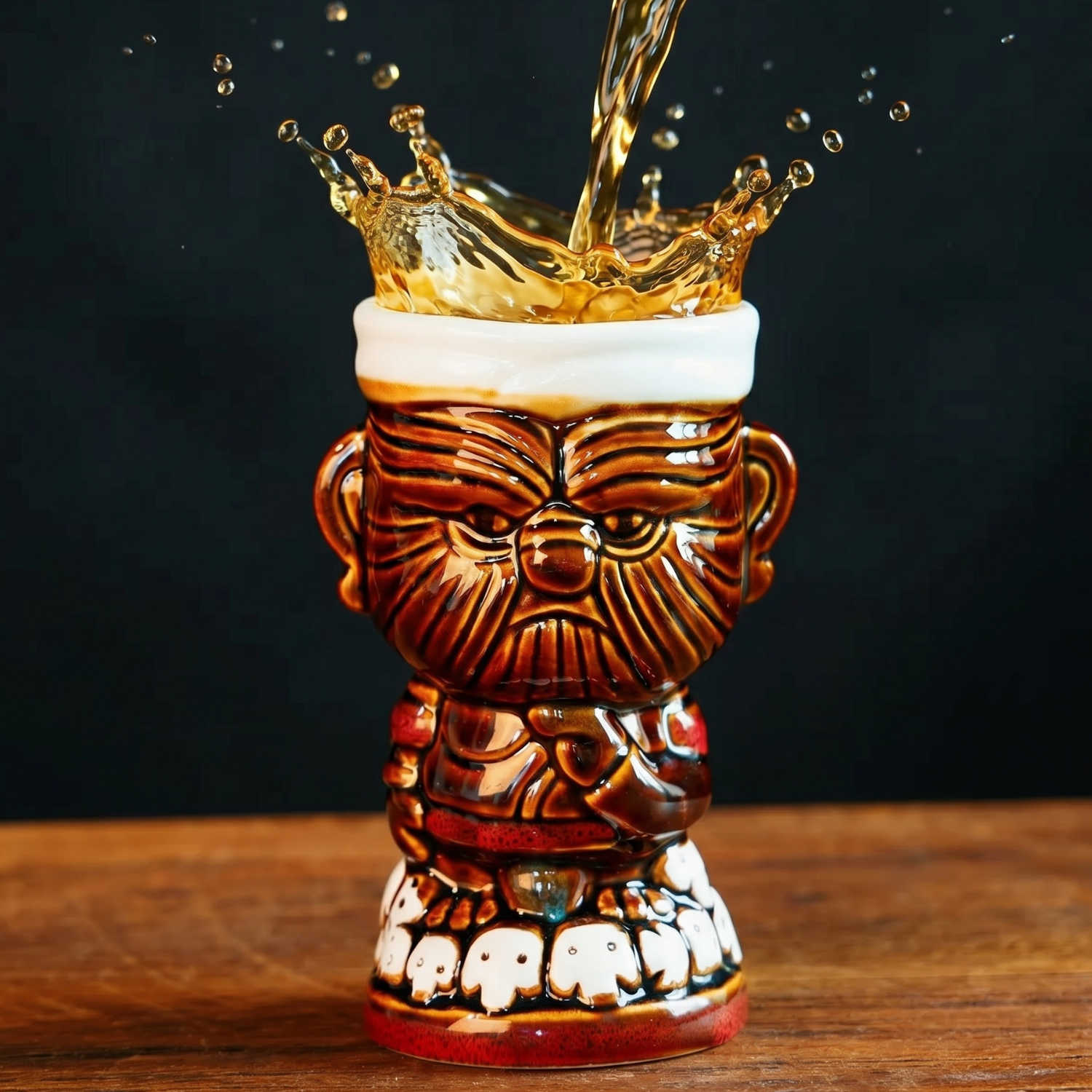 Tiki Warrior mug, 400ml ceramic cocktail cup with carved face and two side handles