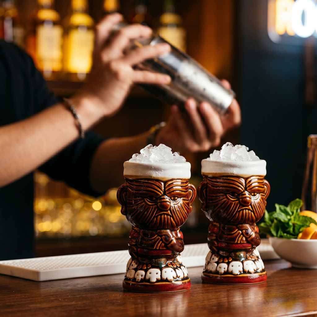 Two tiki warrior ceramic cocktail cups on bar, each with carved face and two handles