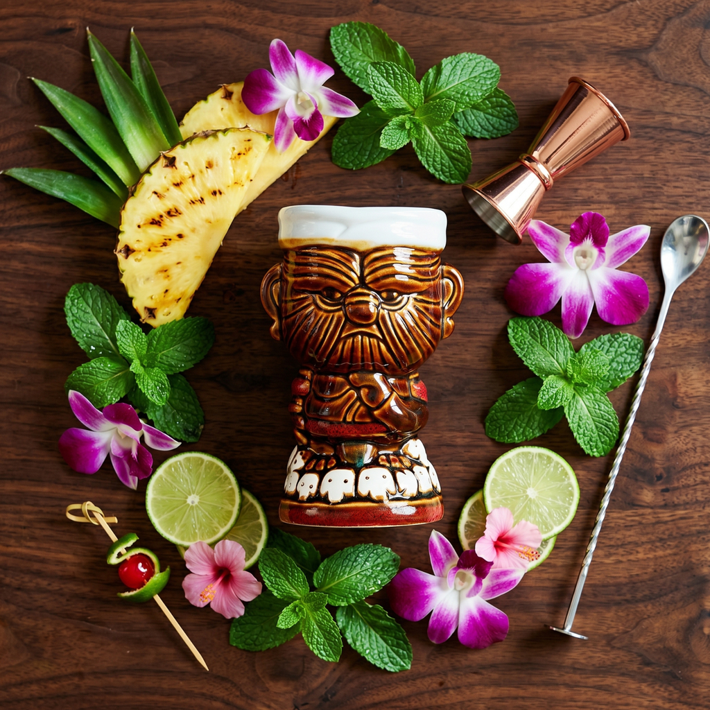 Sun Lake Supply tiki warrior mug with glazed warrior face, flared rim, and 2 handles