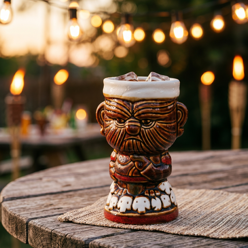 Tiki warrior ceramic mug with warrior face, white rim, and two side handles