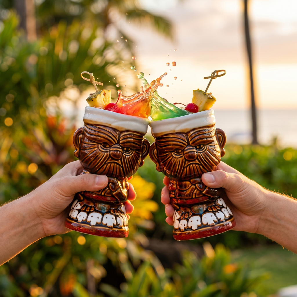Pair of tiki warrior ceramic mugs with warrior face design, each with two side handles