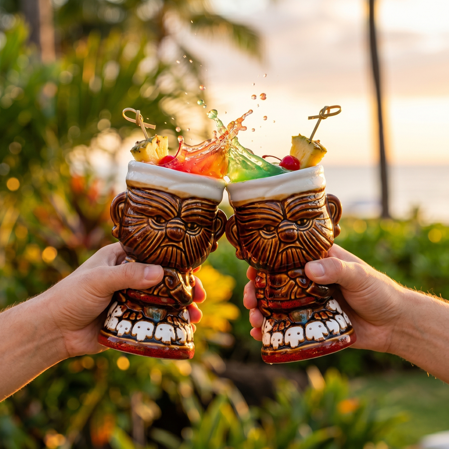 Pair of tiki warrior ceramic mugs with warrior face design, each with two side handles