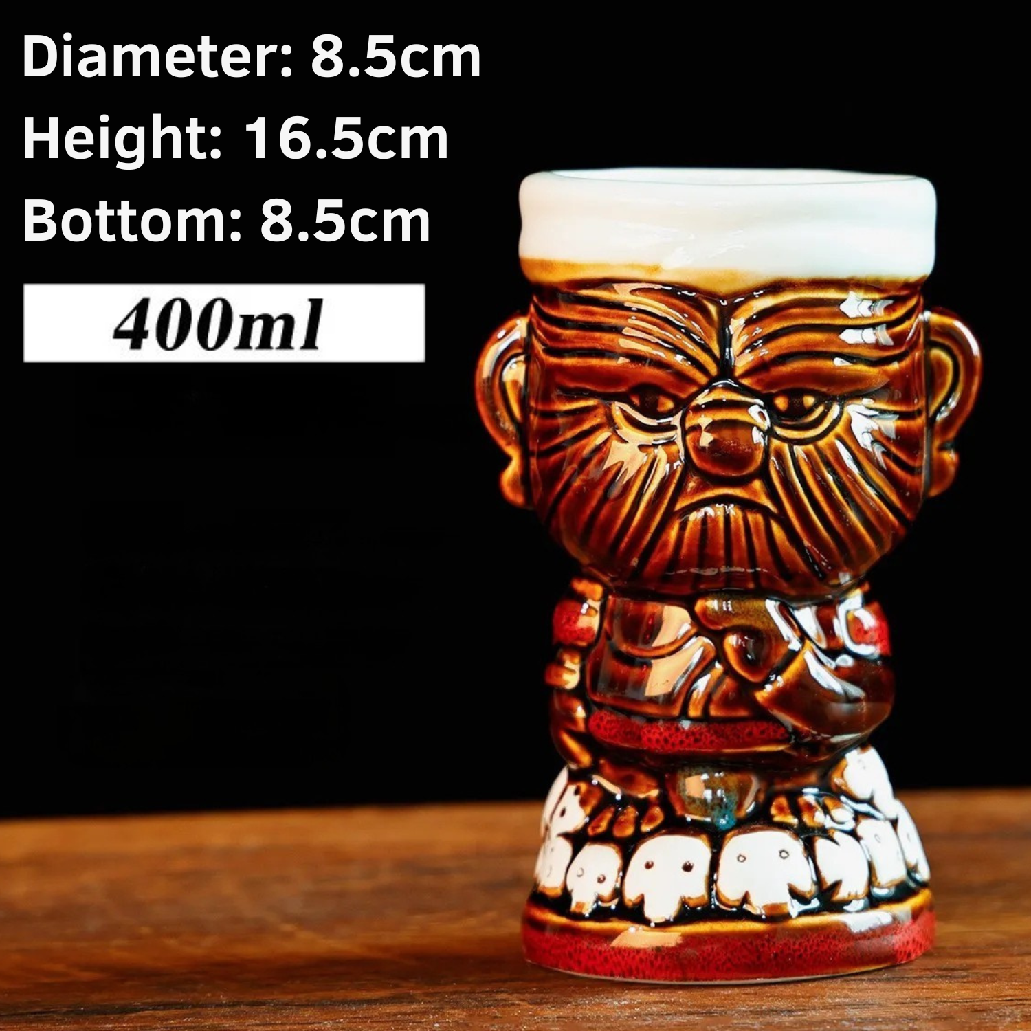 Tiki warrior ceramic mug: 400ml; diameter 8.5cm, height 16.5cm, bottom 8.5cm