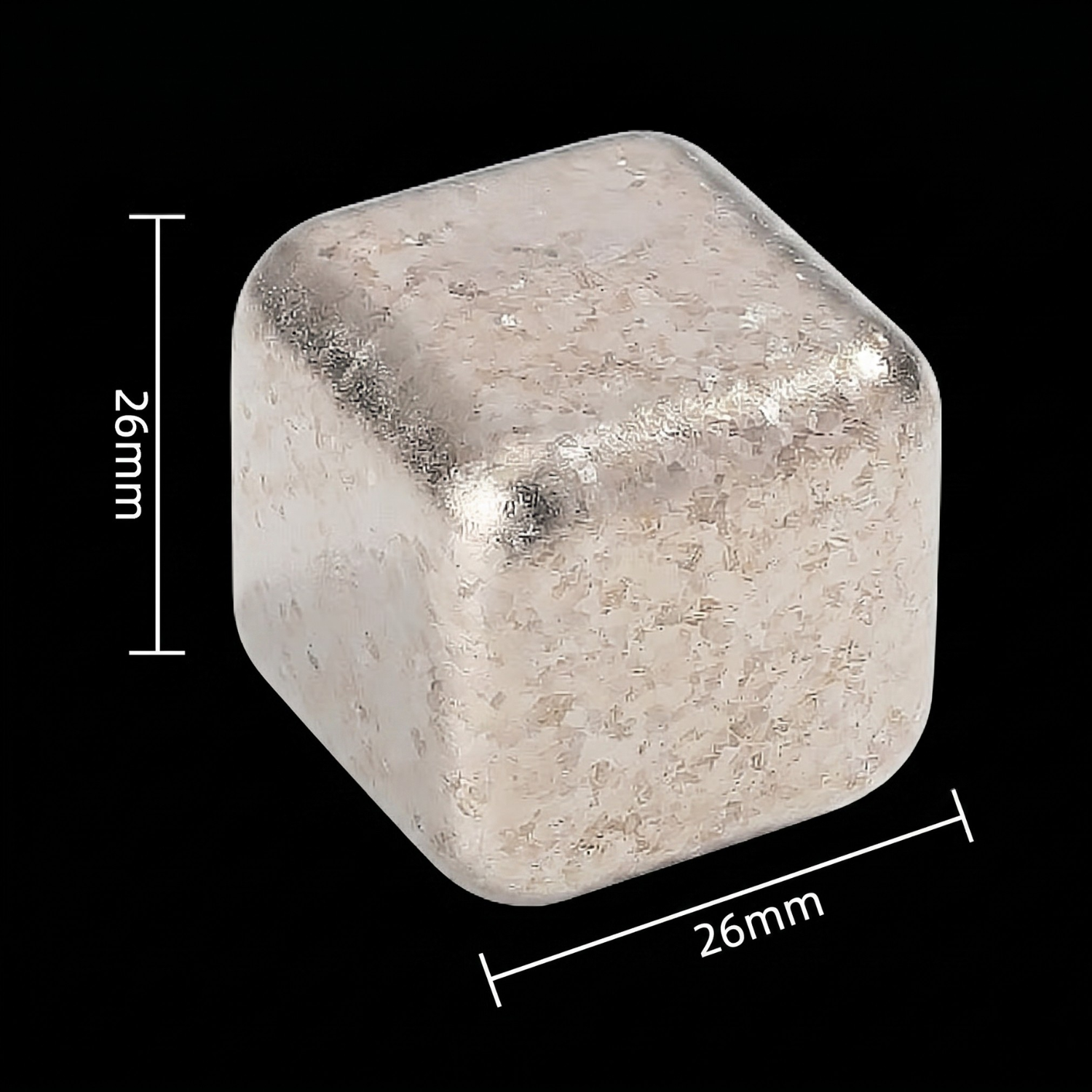 Titanium ice cube close-up, 26mm x 26mm dimensions