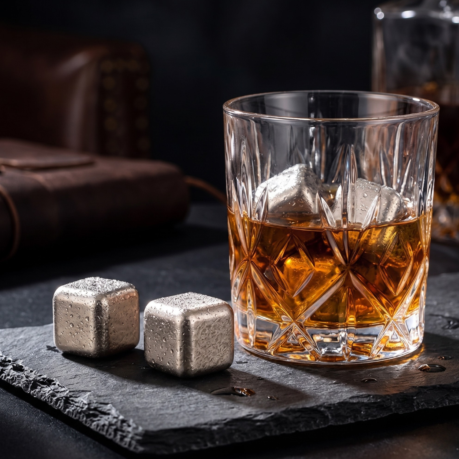 Titanium reusable ice cubes, two metal cubes on a surface