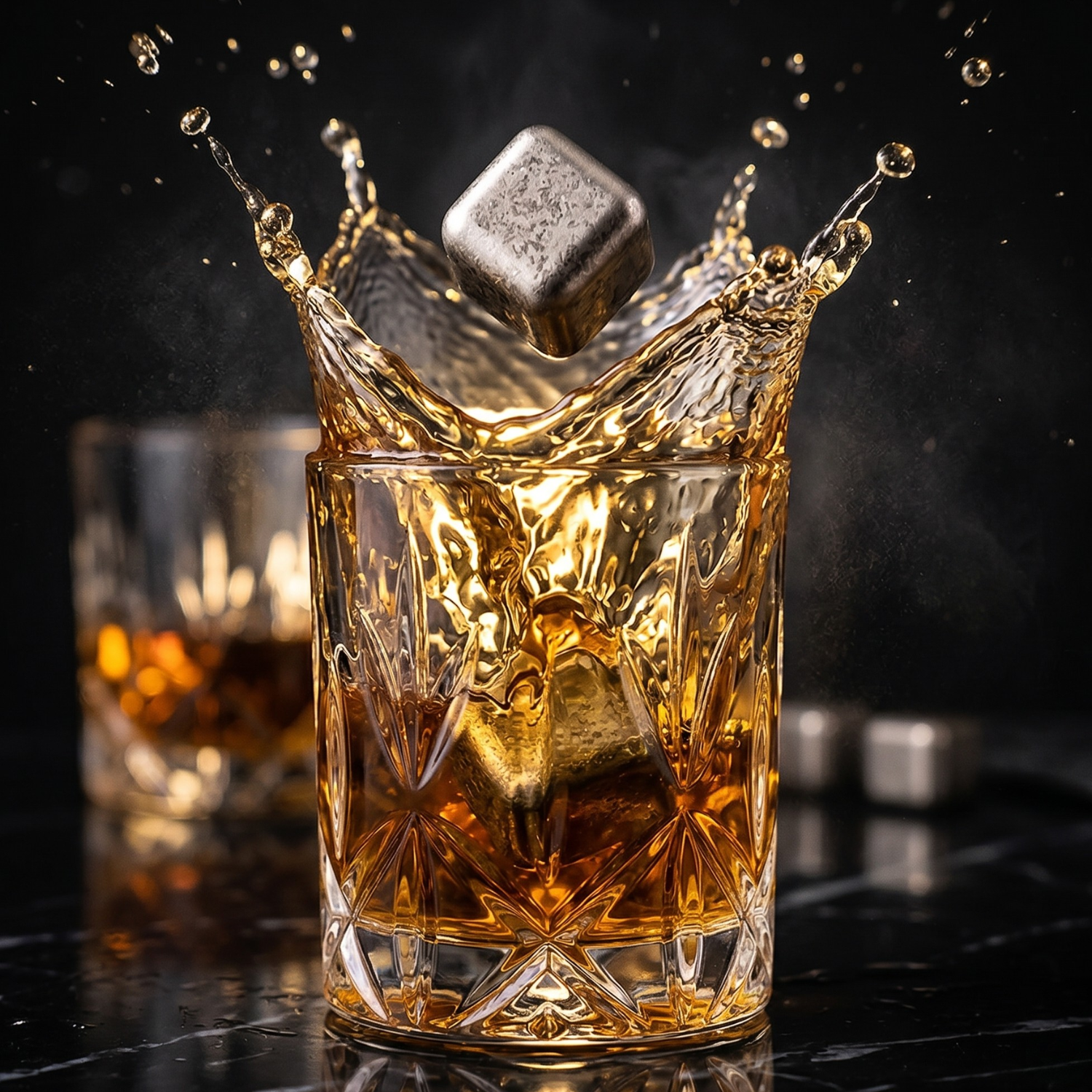 Titanium reusable ice cube splashing above an amber drink