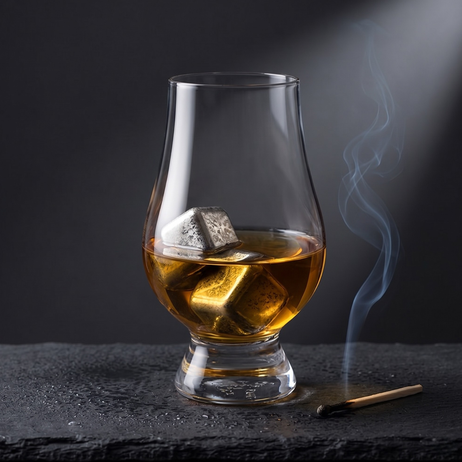 Titanium whiskey chilling stone in a glass with amber drink