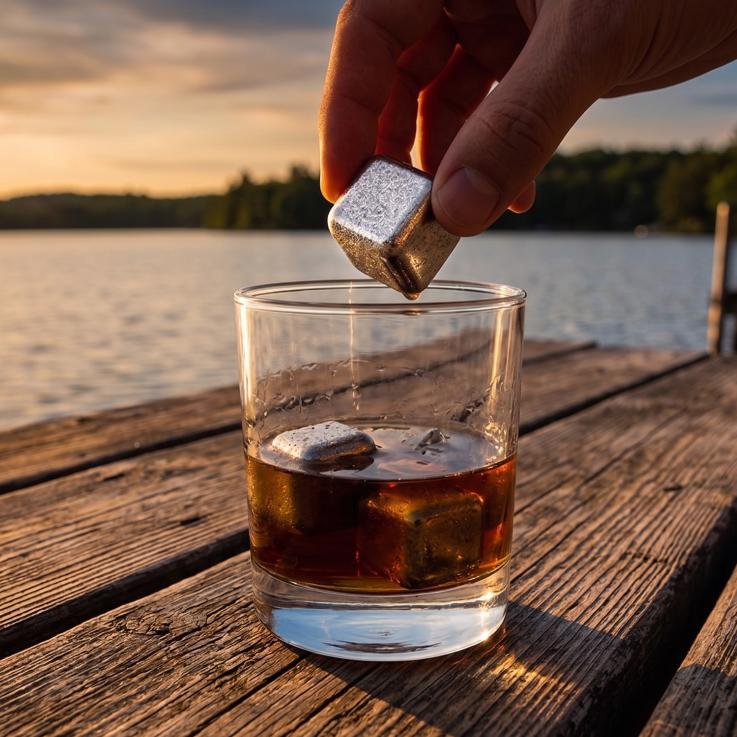 Hand dropping a titanium ice cube into a whiskey glass