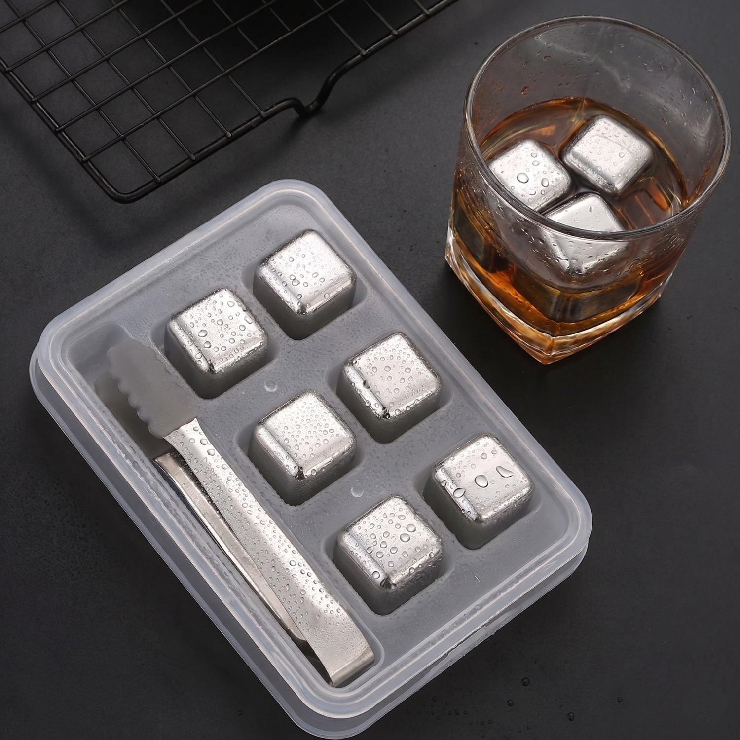 Titanium ice cubes 6-pack with tongs in a clear tray