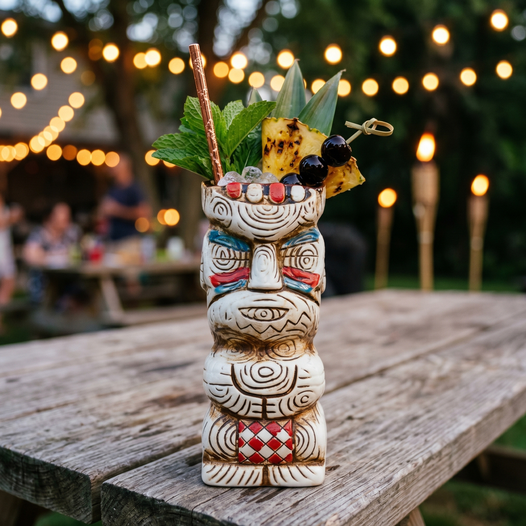 Tiki mug with a cocktail on a wooden table outdoors with string lights in the background