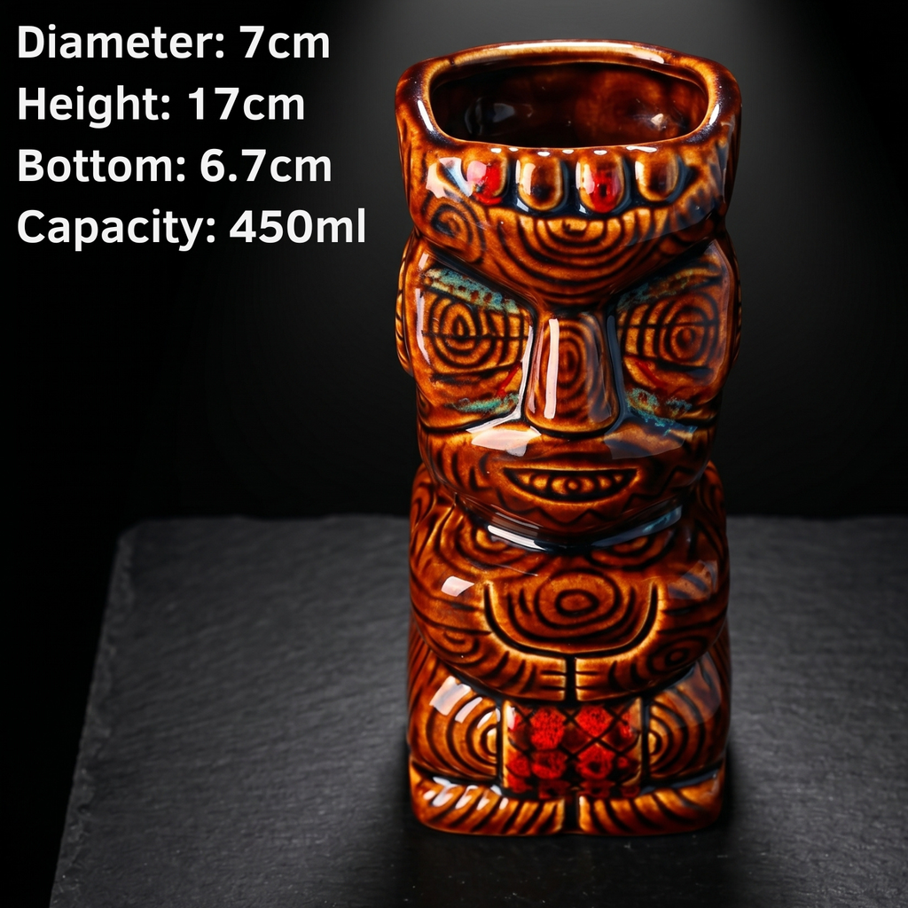 Decorative ceramic tiki mug with measurements displayed on a dark background