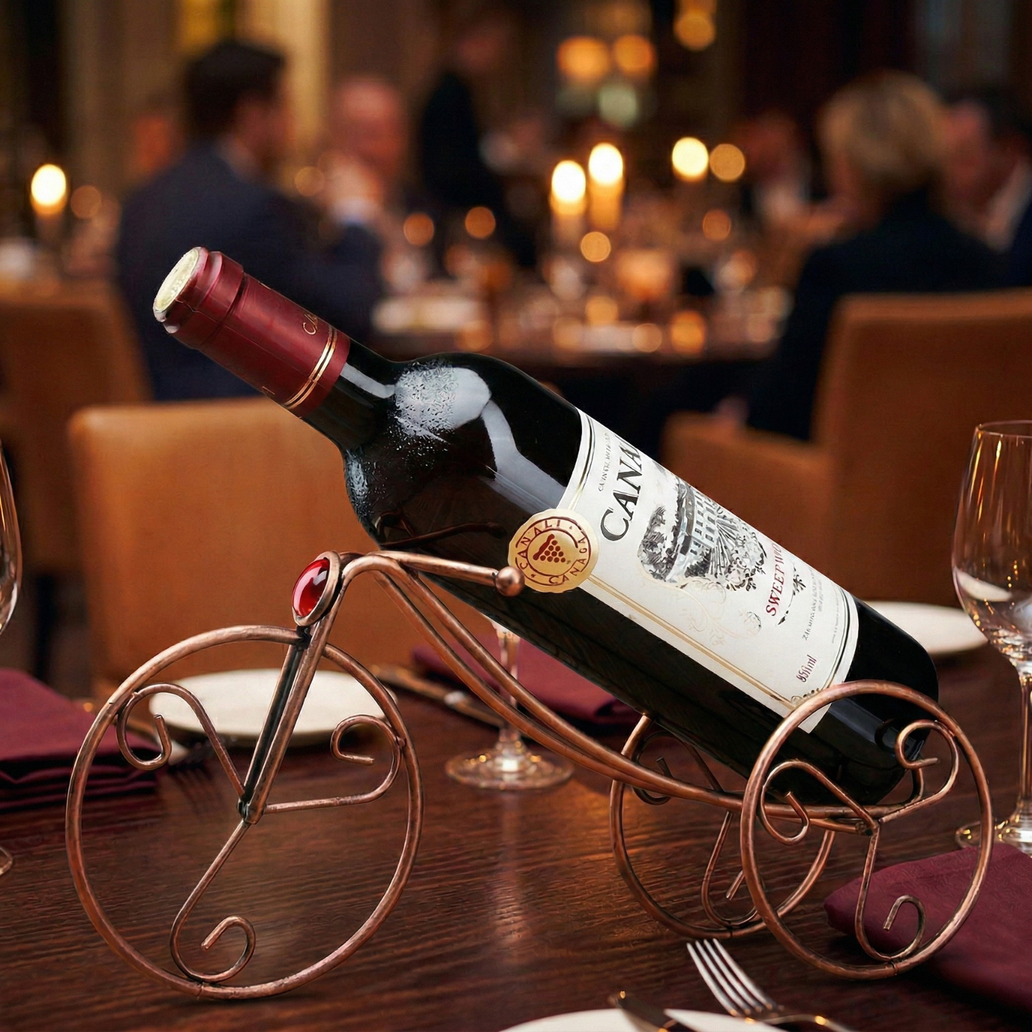 Tricycle Wine Bottle Holder – Antique Bronze Iron Ruby Wine Rack Stand | Decorative Bar Accessory for Home & Restaurant
