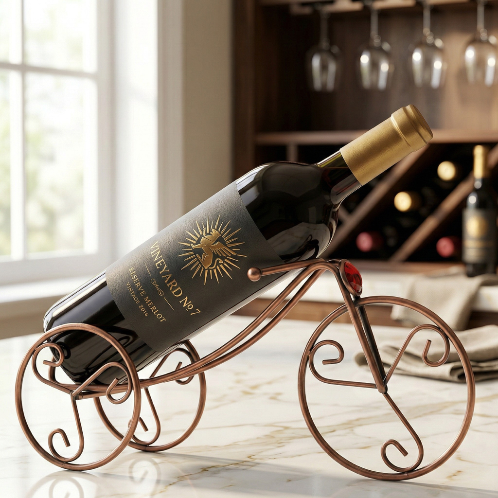 Antique bronze tricycle wine bottle holder with black bottle and gold cap