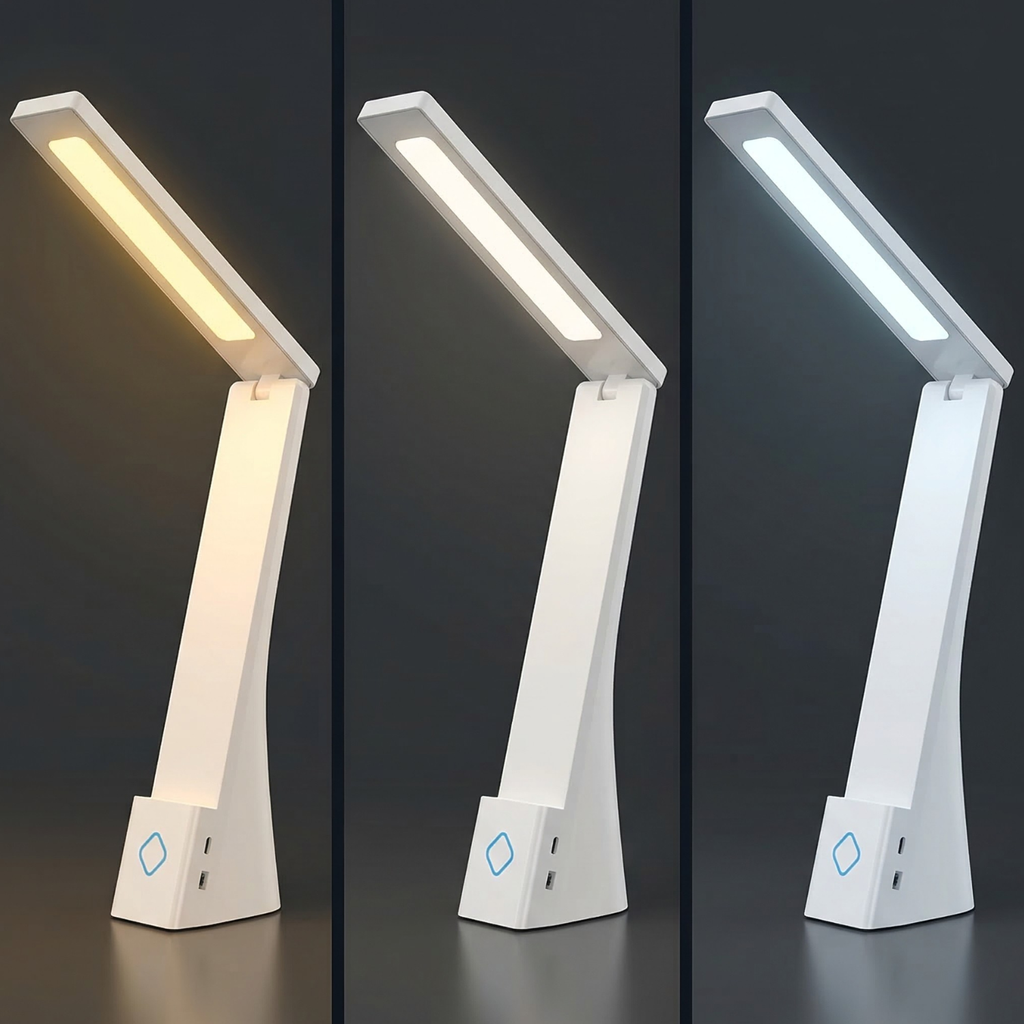 White LED desk lamp showing three light colors: warm, neutral and cool white glow